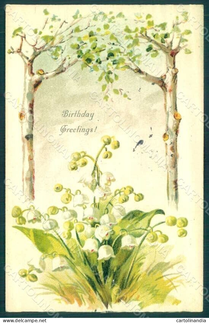 Greetings Birthday Lily Og The Valley Serie 707 Relief Postcard HR0173 - Fleurs