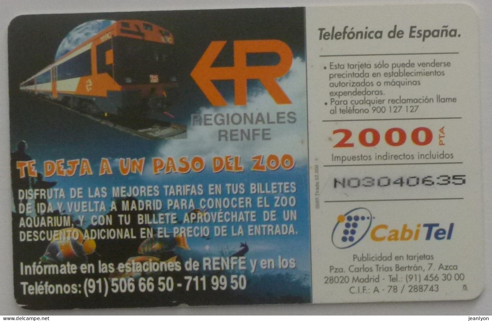 ZOO AQUARIUM MADRID - Poissons - Train Régional RENFE Au Verso - Carte Téléphone Espagne 2000 Utilisée - Vissen