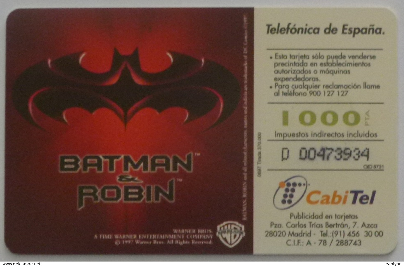 CINEMA - BATMAN ET ROBIN - Film Warner Bros - Carte Téléphone Espagne 1000 Utilisée - Kino