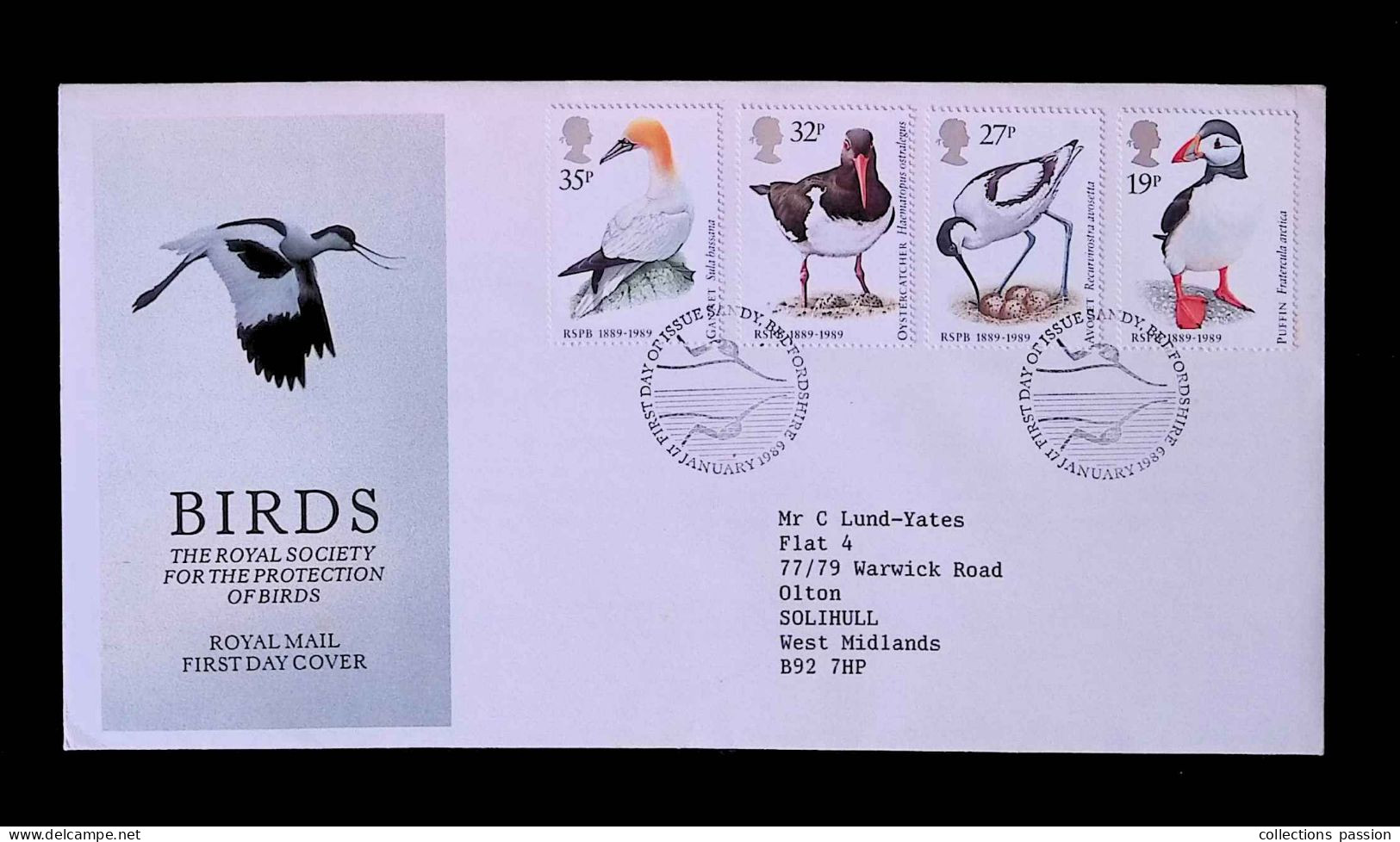 CL, FDC, Premier Jour, Angleterre, Sandy, Bedfordshire, 17 January 1989, Birds, Frais Fr 1.95e - 1981-1990 Decimale Uitgaven