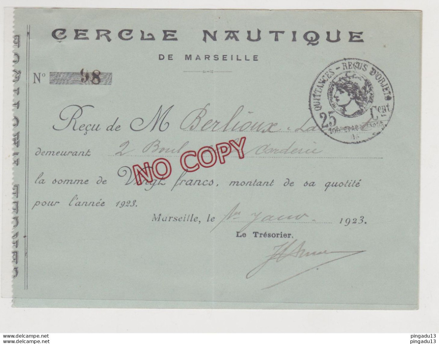 Fixe Timbre Fiscal Quittances Reçus D'objets Sur Reçu Cercle Nautique Marseille Année 1923 - Storia Postale