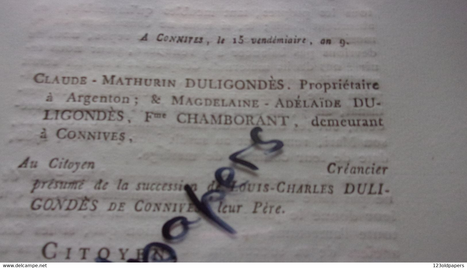 ️ ️ BERRY INDRE  1792   Citoyens Creance SUCCESSION LOUIS CHARLES DULIGONDES ARGENTON CHT CONNIVES SAINT GAULTIER) - Documenti Storici