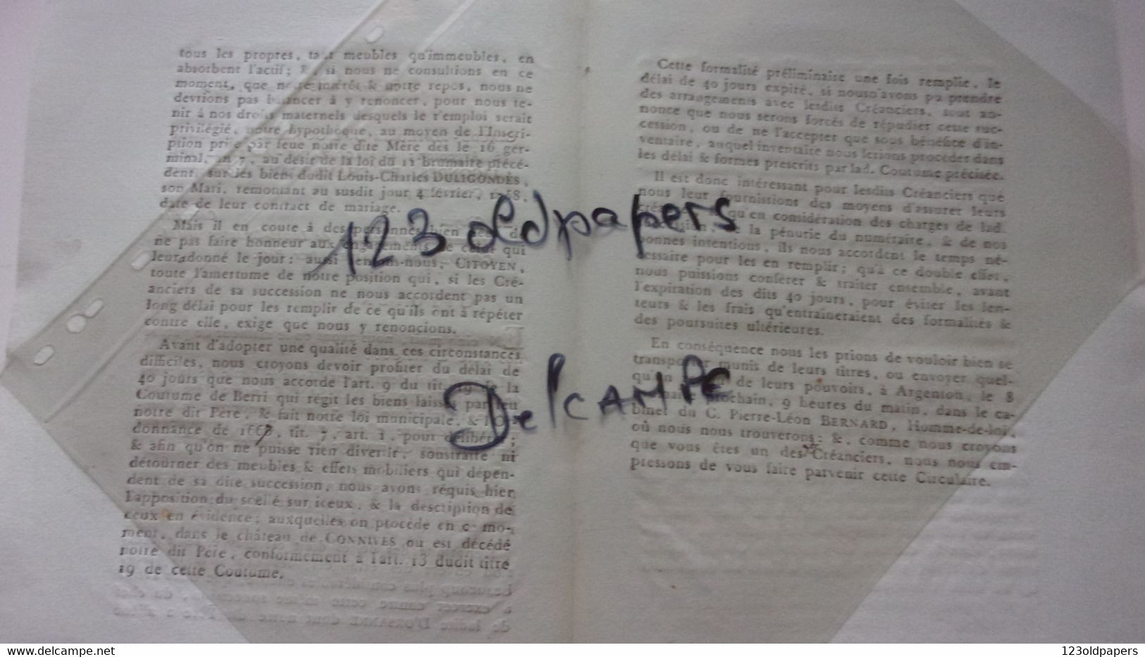 ️ ️ BERRY INDRE  1792   Citoyens Creance SUCCESSION LOUIS CHARLES DULIGONDES ARGENTON CHT CONNIVES SAINT GAULTIER) - Historische Documenten