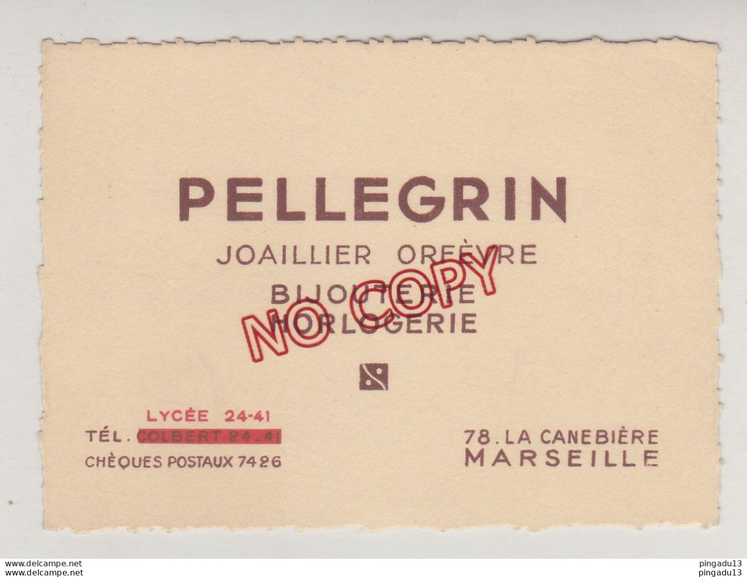 Fixe Pellegrin Joaillier Orfèvre Marseille Années 30 - Tarjetas De Visita