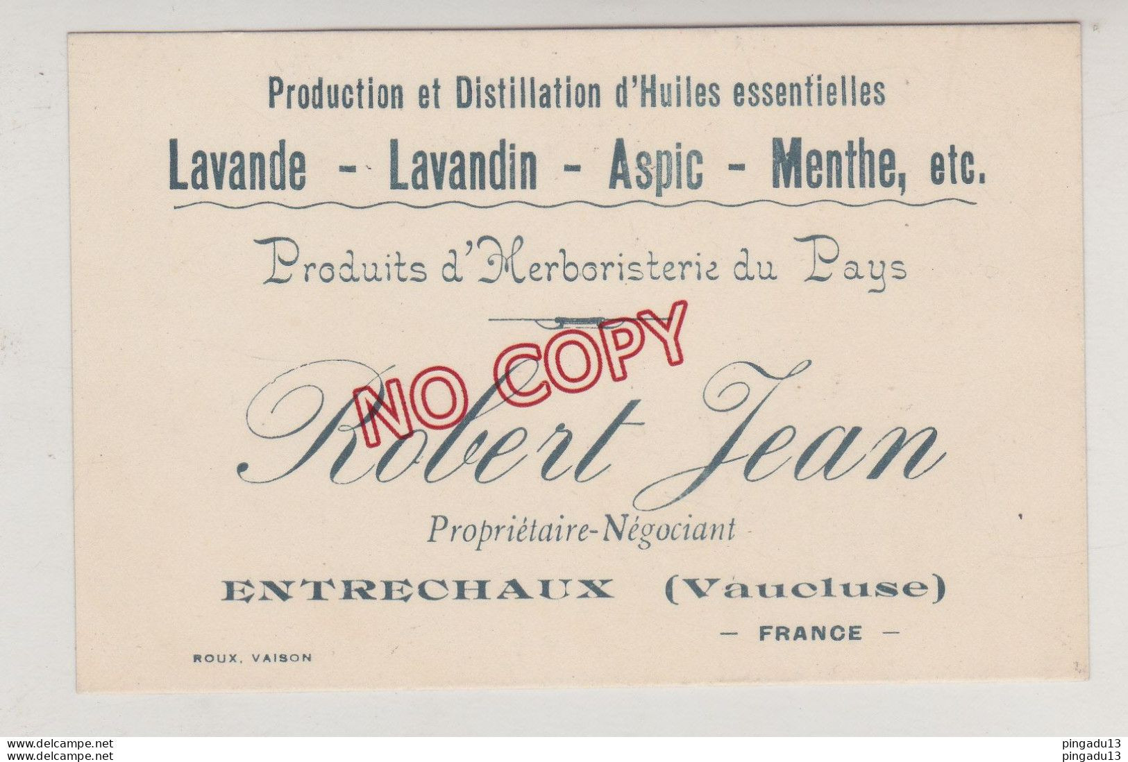 Fixe Carte De Visite Robert Jean Entrechaux Vaucluse Huiles Essentielles Lavande Lavandin Aspic Menthe ... - Visiting Cards