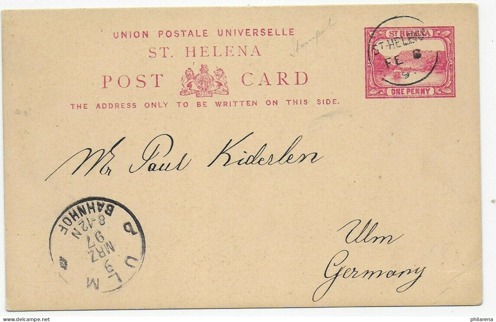 St. Helena, Post Card 1897 To Ulm/Germany - St. Helena