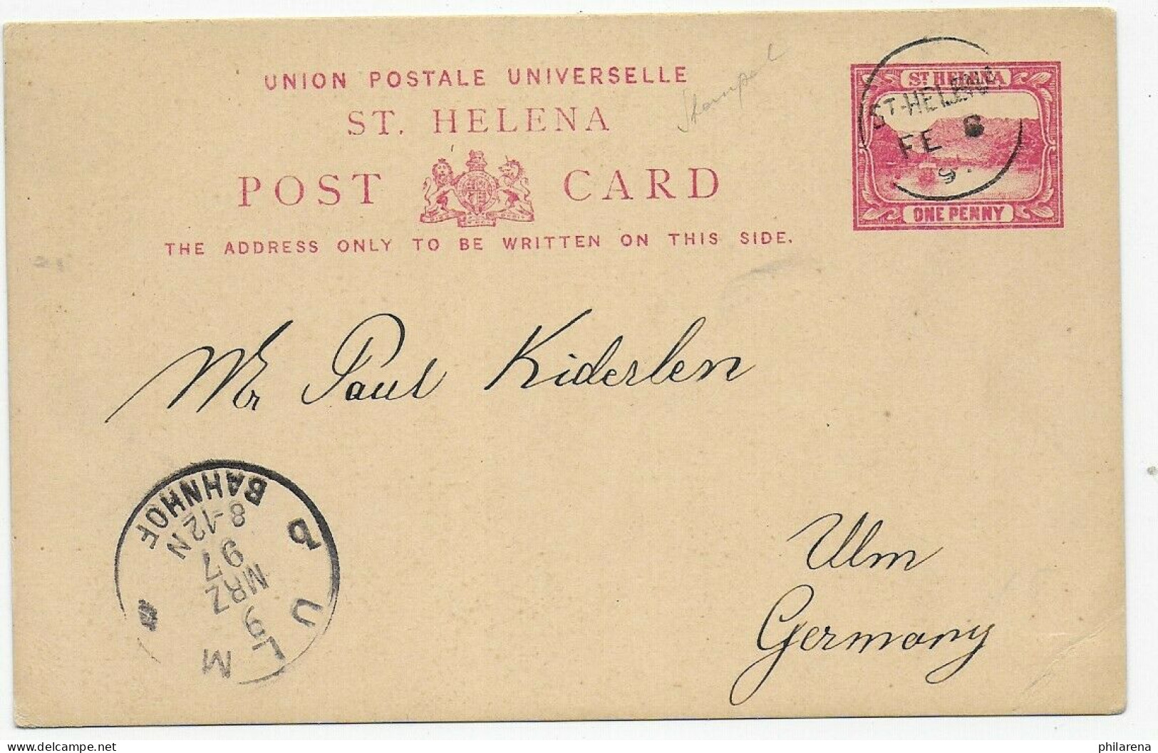 St. Helena, Post Card 1897 To Ulm/Germany - Isola Di Sant'Elena