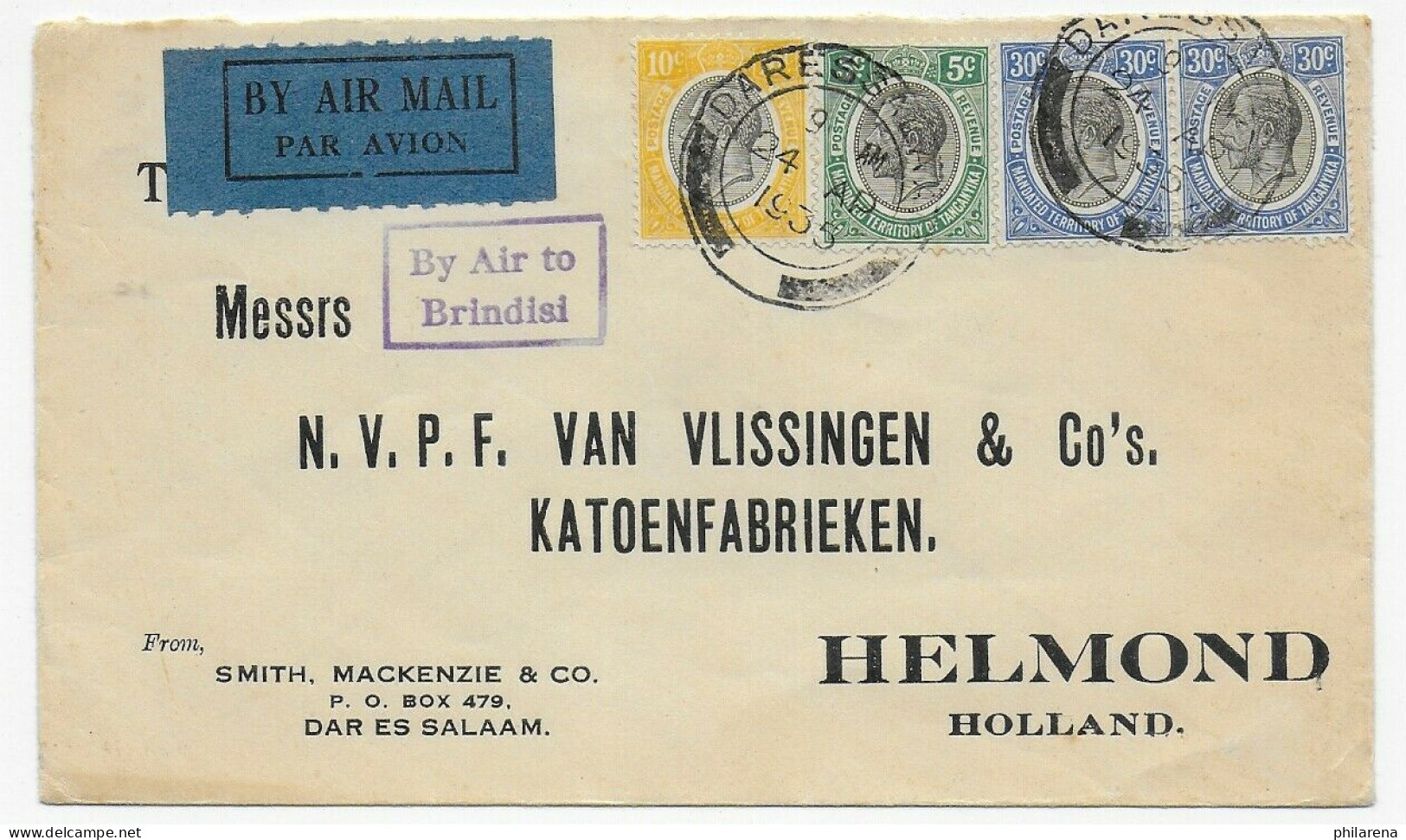 Air Mail Daresalam To Brindisi, To Helmond, 1935 - Tanzania (1964-...)