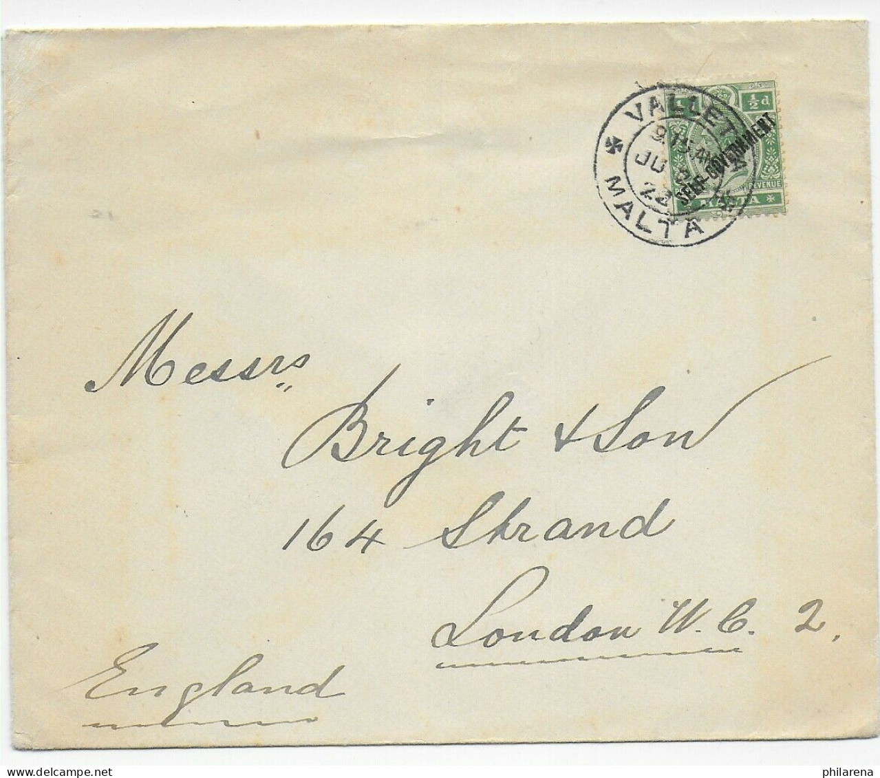 Cover Valetta 1922 To London - Malte