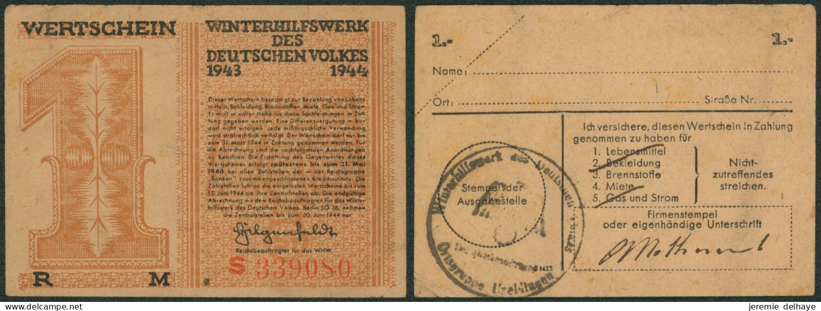 Guerre 40-45 - Billet Winterhilfswerk Des Deutschen Volkes 1943-1944. 1 RM - Autres & Non Classés