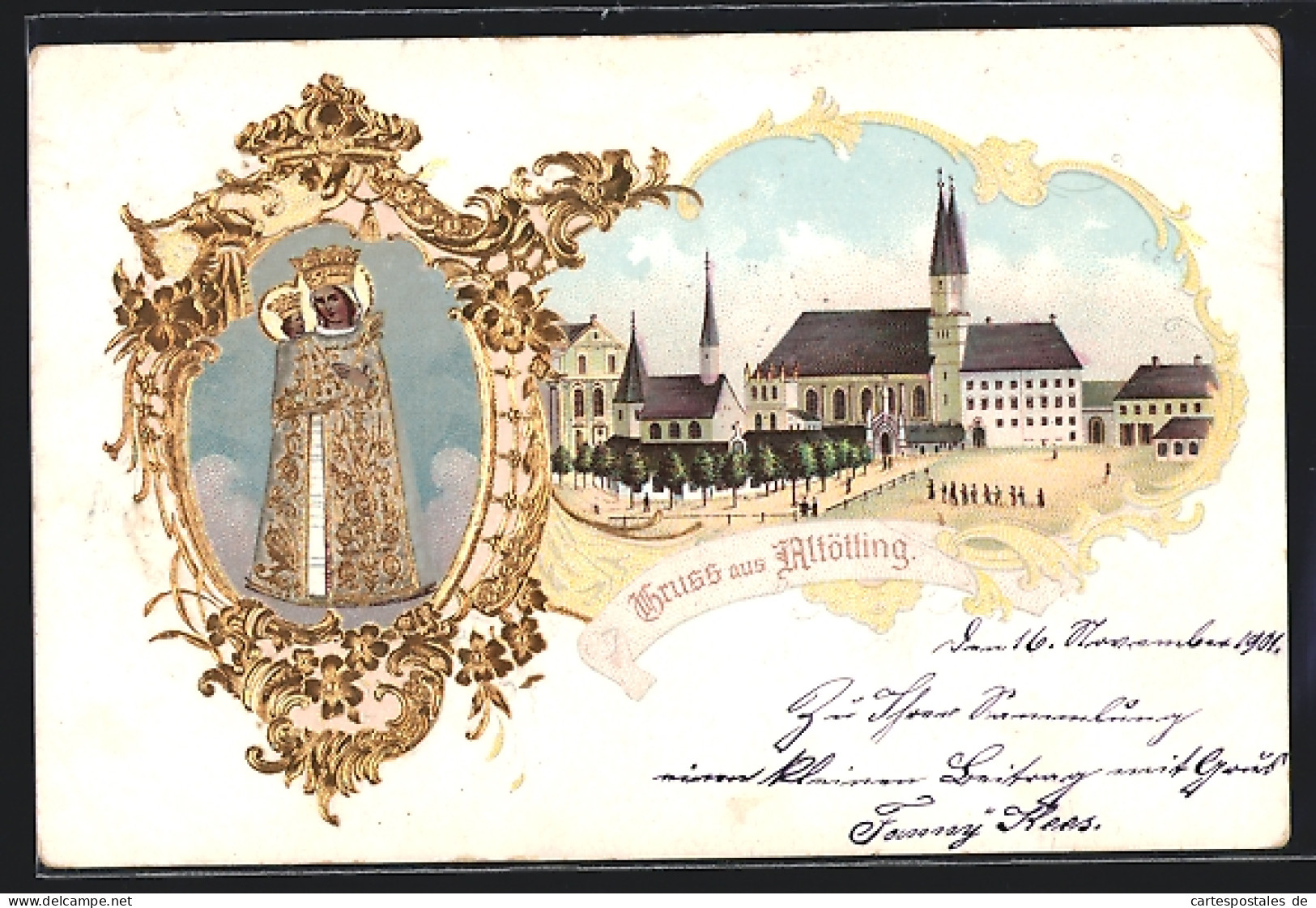 Lithographie Altötting, Kirche Mit Kirchenplatz, Heiligenbild Im Goldrahmen  - Altötting