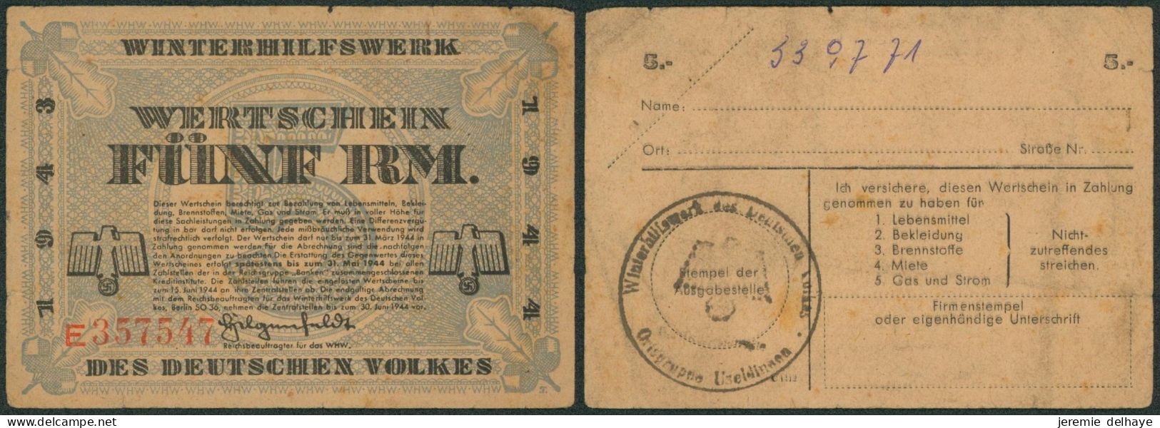 Guerre 40-45 - Billet Winterhilfswerk Des Deutschen Volkes 1943-1944. 5 RM - 5 Reichsmark