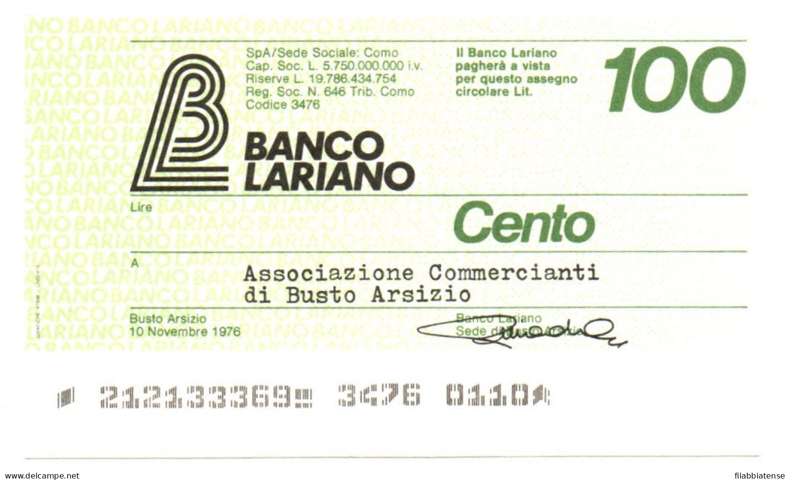 1976 - Italia - Banco Lariano - Associazione Commercianti Di Busto Arsizio ---- - [10] Scheck Und Mini-Scheck