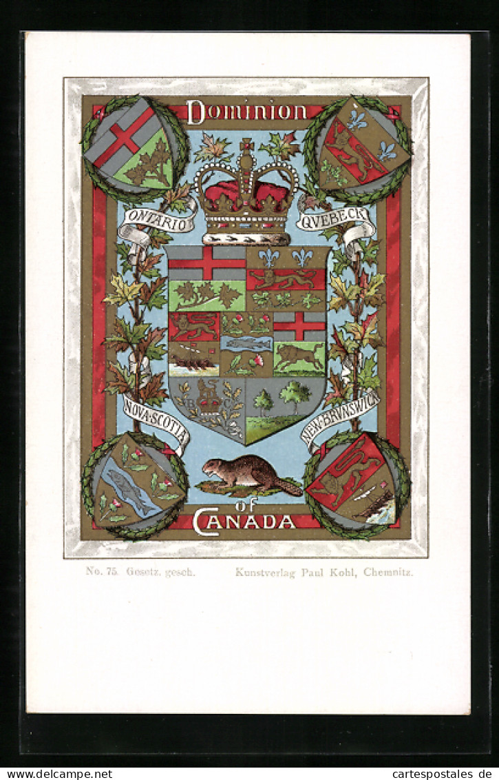 Lithographie Wappen Dominion Of Canada, Städtewappen Ontario, Quebeck, Nova-Scotia & New-Brunswick  - Généalogie
