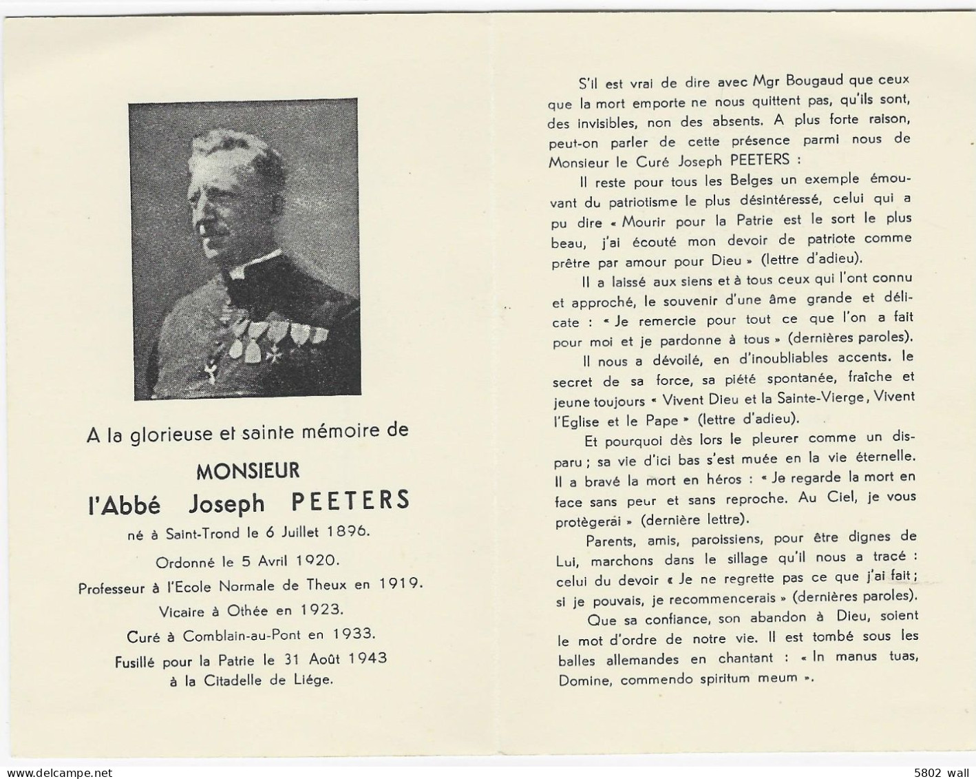 Souvenir Pieux Abbé Joseph PEETERS - Fusillé Pour La Patrie Le 31/08/1943 - Obituary Notices