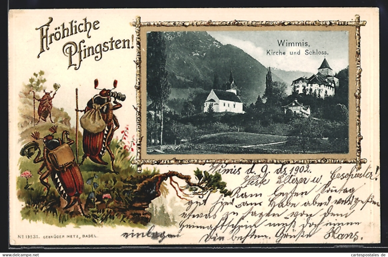 Passepartout-Lithographie Wimmis, Kirche Und Schloss, Maikäfer Auf Einer Wanderung, Pfingstgruss  - Wimmis