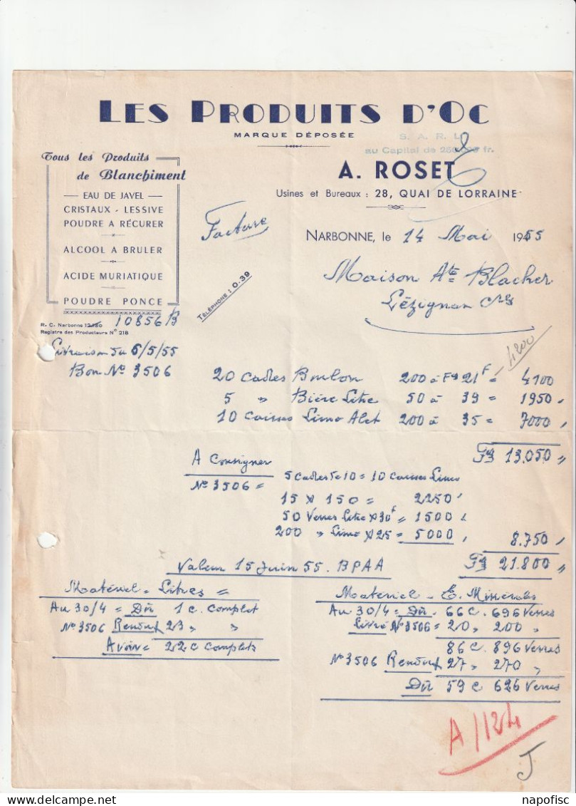 11-A.Roset..." Les Produits D'Oc " ..Tous Les Produits De Blanchiment..Narbonne...(Aude)...1955 - Perfumería & Droguería