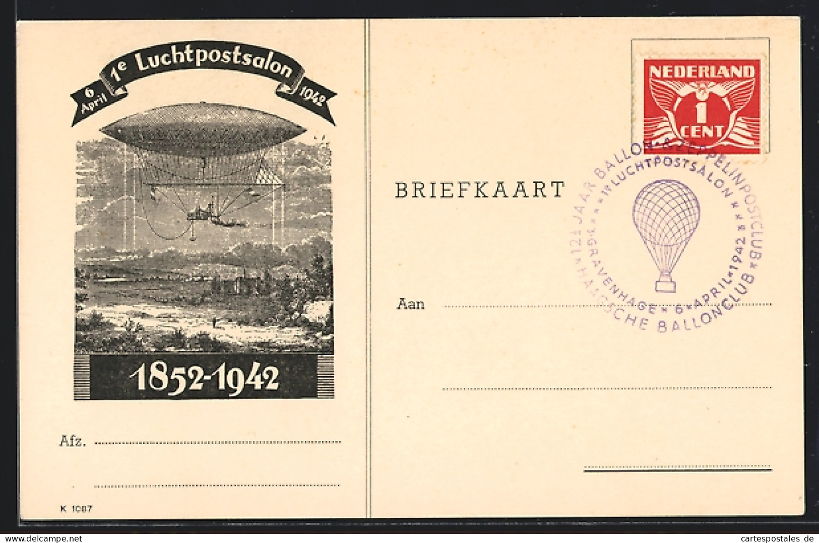 Künstler-AK Gravenhage, Erste Luchtpostsalon, April 1942, Zeppelin, 1852-1942  - Timbres (représentations)