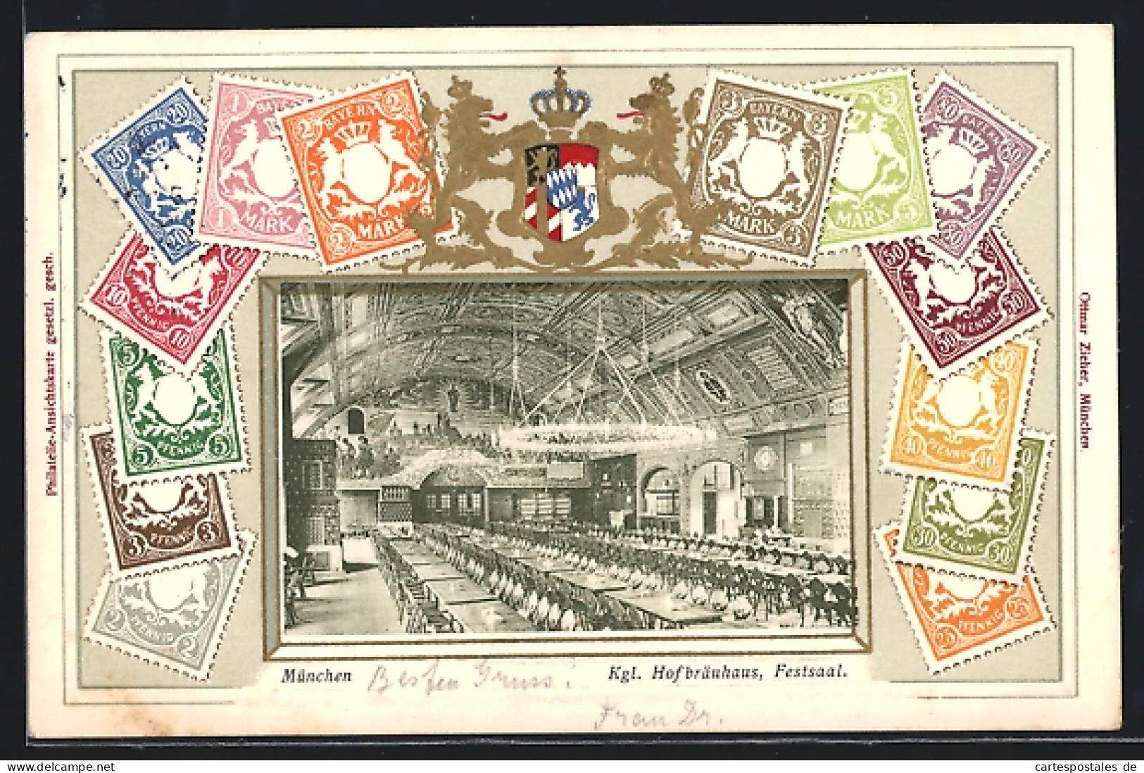 Lithographie München, Kgl. Hofbräuhaus, Festsaal, Briefmarken  - Timbres (représentations)