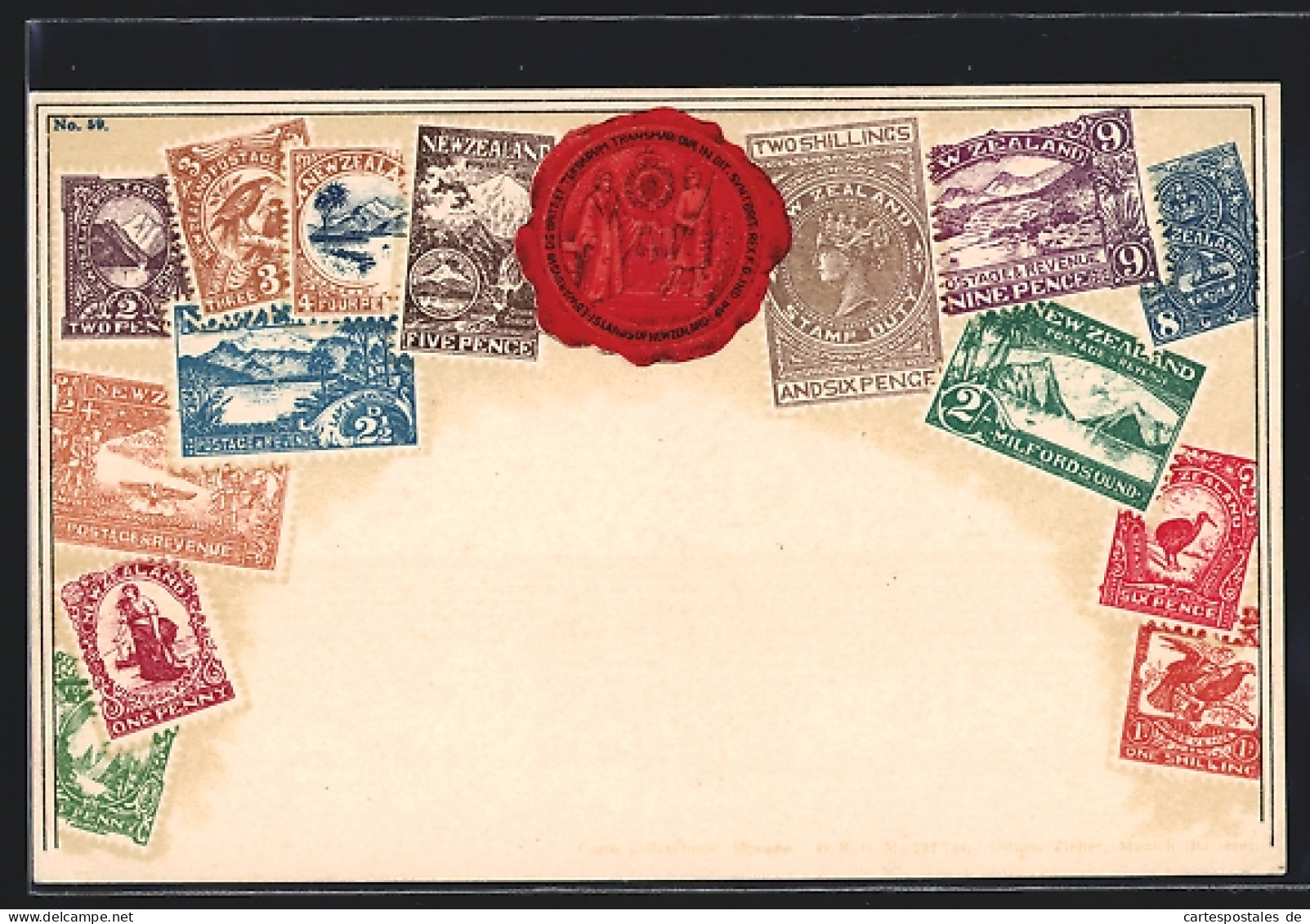 AK Neuseeland, Briefmarken Und Siegel  - Timbres (représentations)