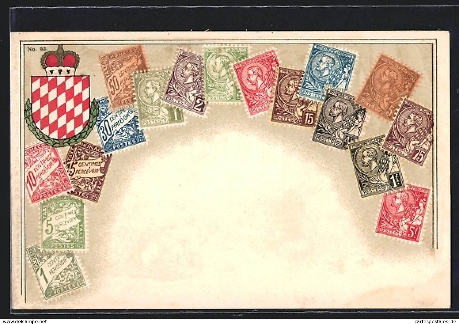 AK Briefmarken Und Wappen Monacos, Krone  - Briefmarken (Abbildungen)