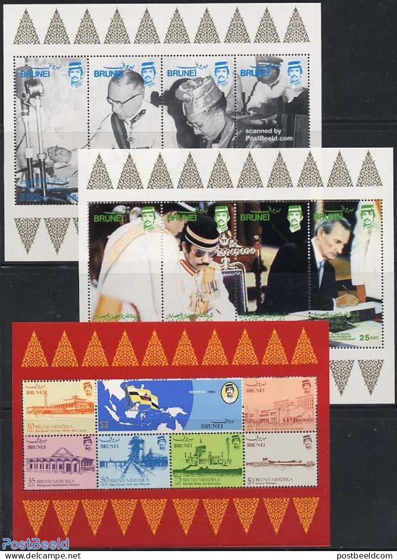 Brunei 1984 Independence 3 S/s, Mint NH, History - Various - Kings & Queens (Royalty) - Maps - Familles Royales