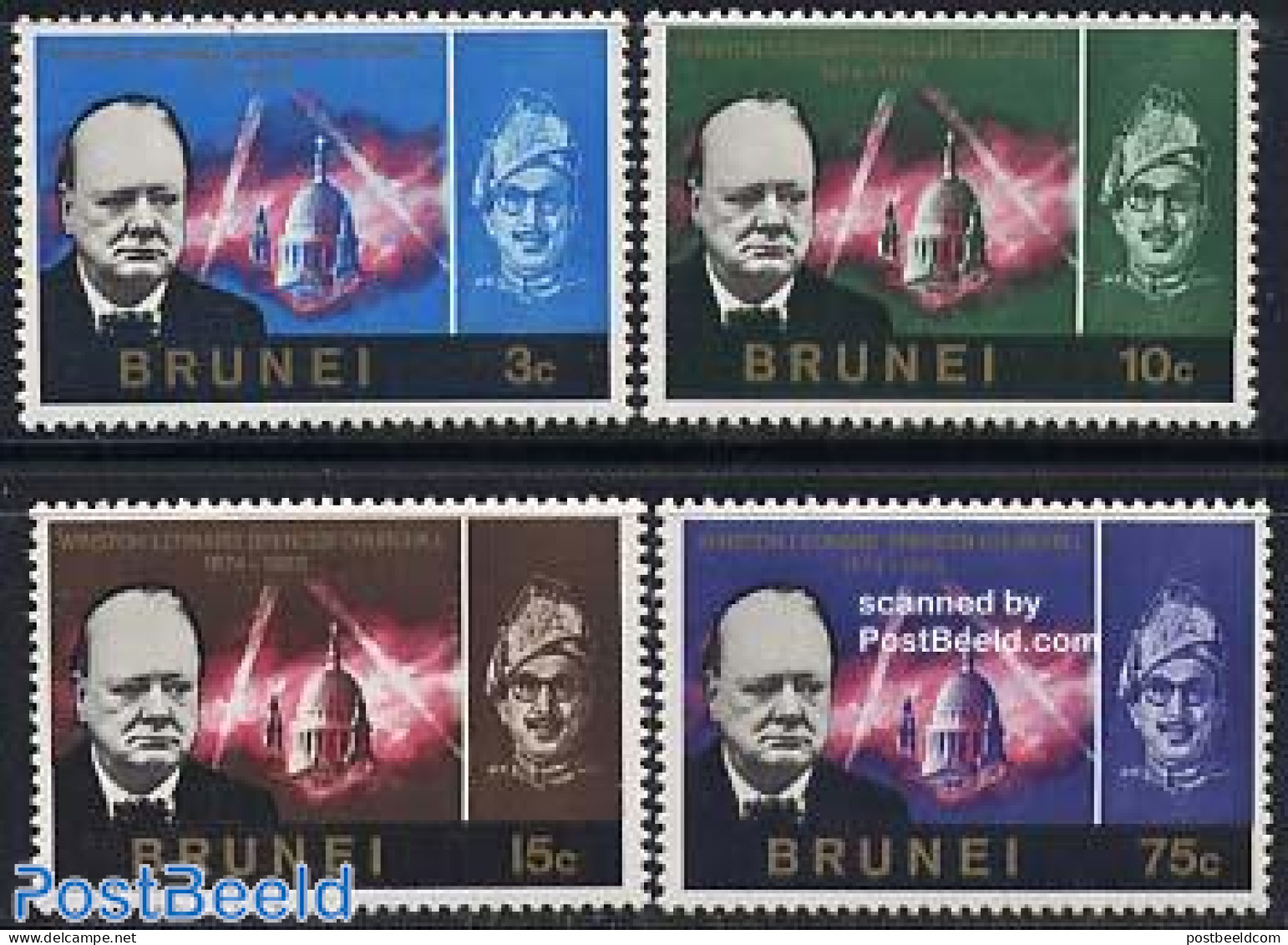 Brunei 1966 Winston Churchill 4v, Mint NH, History - Religion - Transport - Churchill - Churches, Temples, Mosques, Sy.. - Sir Winston Churchill
