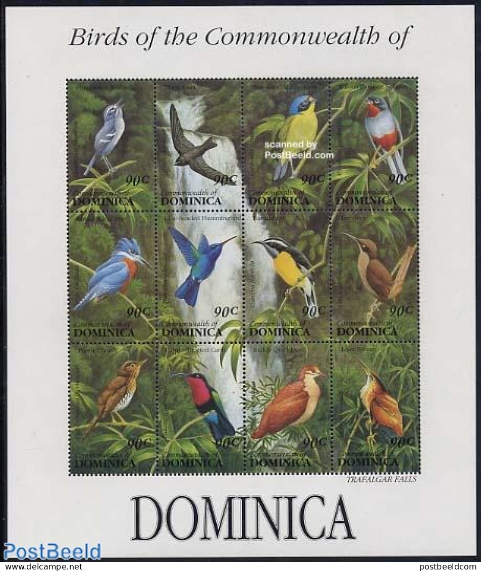 Dominica 1993 Birds 12v M/s, Mint NH, Nature - Birds - Water, Dams & Falls - Kingfishers - Hummingbirds - Dominican Republic