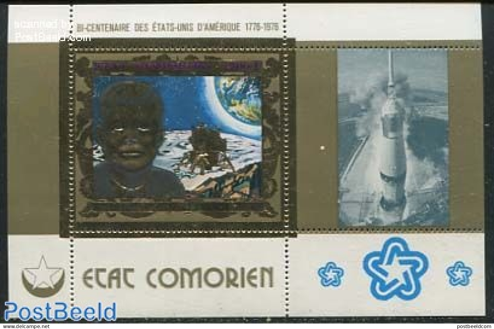 Comoros 1976 US Bicentenary S/s, Gold, Mint NH, History - Transport - American Presidents - US Bicentenary - Space Exp.. - Comores (1975-...)