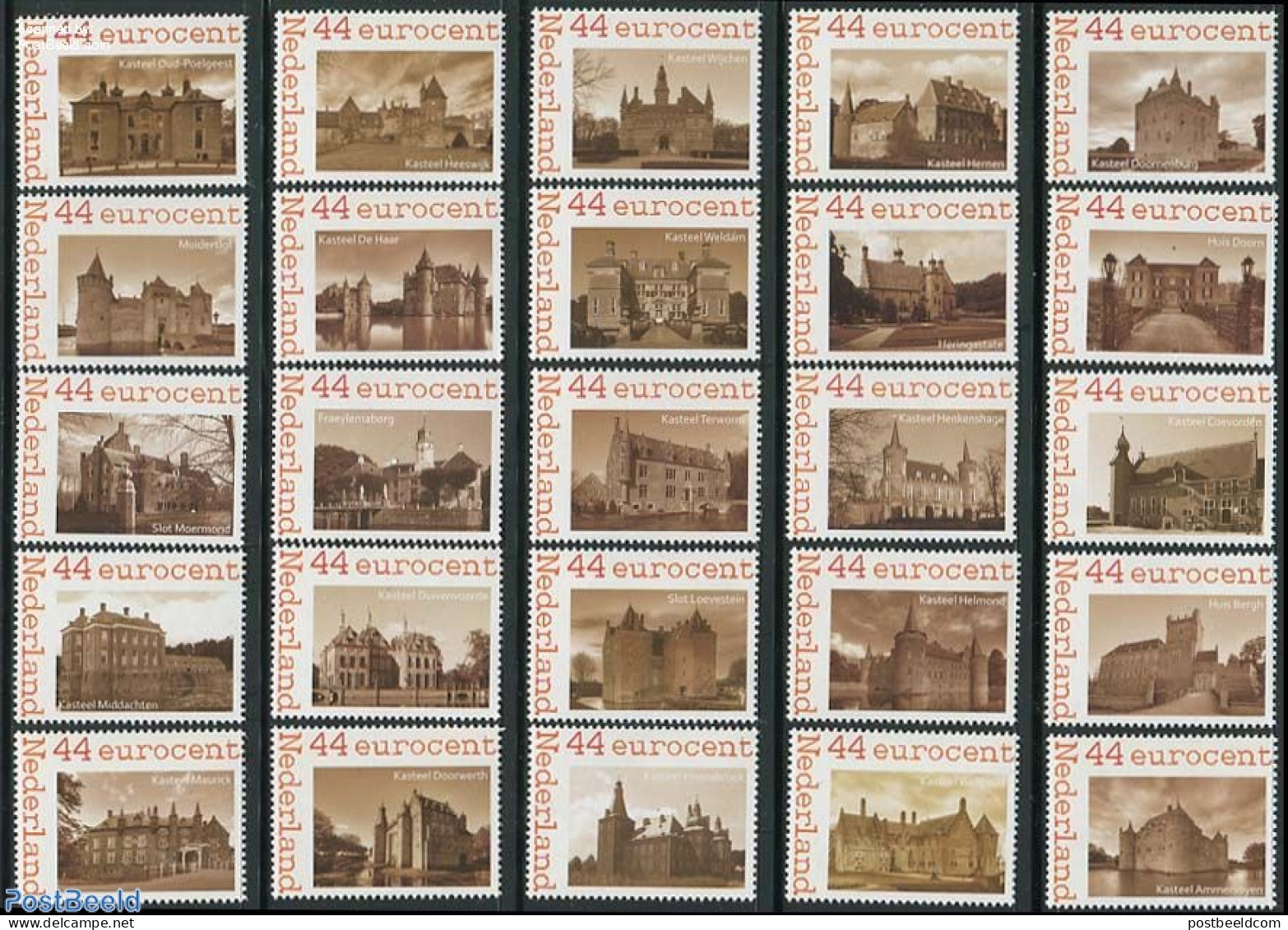 Netherlands - Personal Stamps TNT/PNL 2009 Castles 25v, Mint NH, Castles & Fortifications - Kastelen