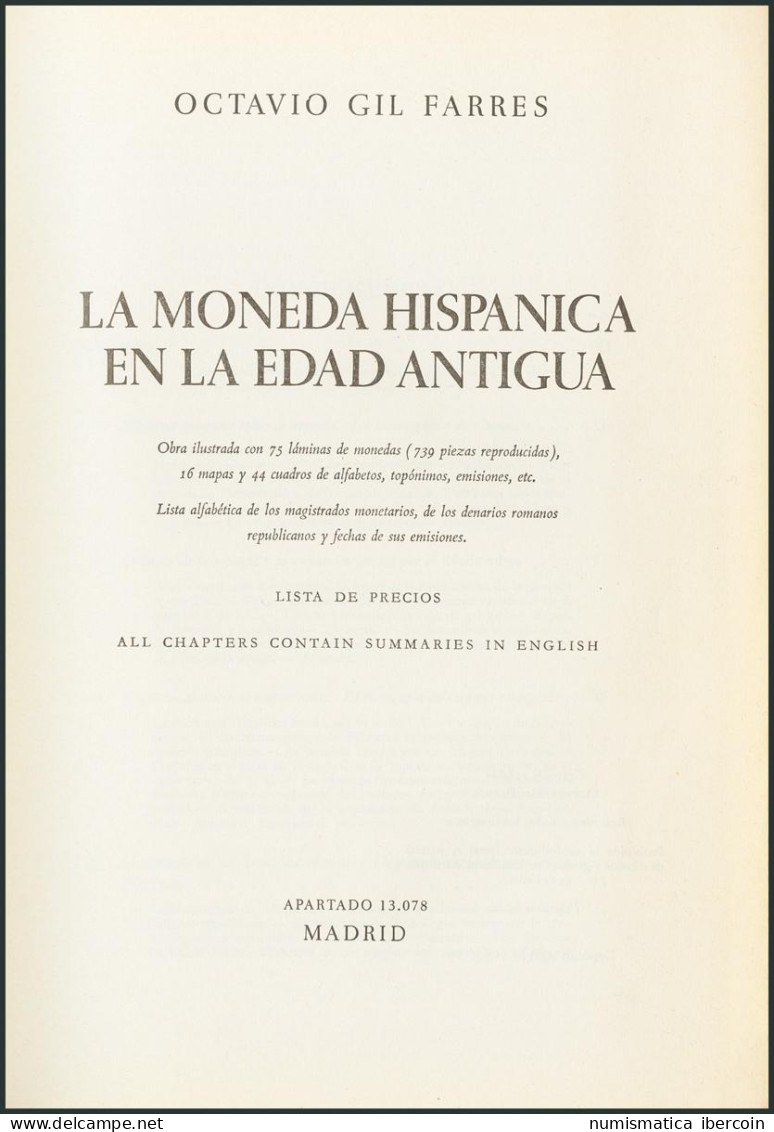 LA MONEDA HISPANICA EN LA EDAD ANTIGUA. Edificón: 1966. Autor: Octavio Gil Farr - Libri & Software