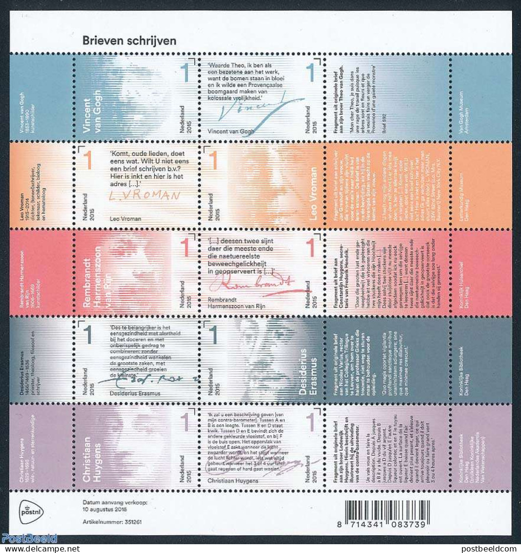 Netherlands 2015 Writing Letters 10v M/s, Mint NH, Art - Authors - Handwriting And Autographs - Rembrandt - Self Portr.. - Unused Stamps