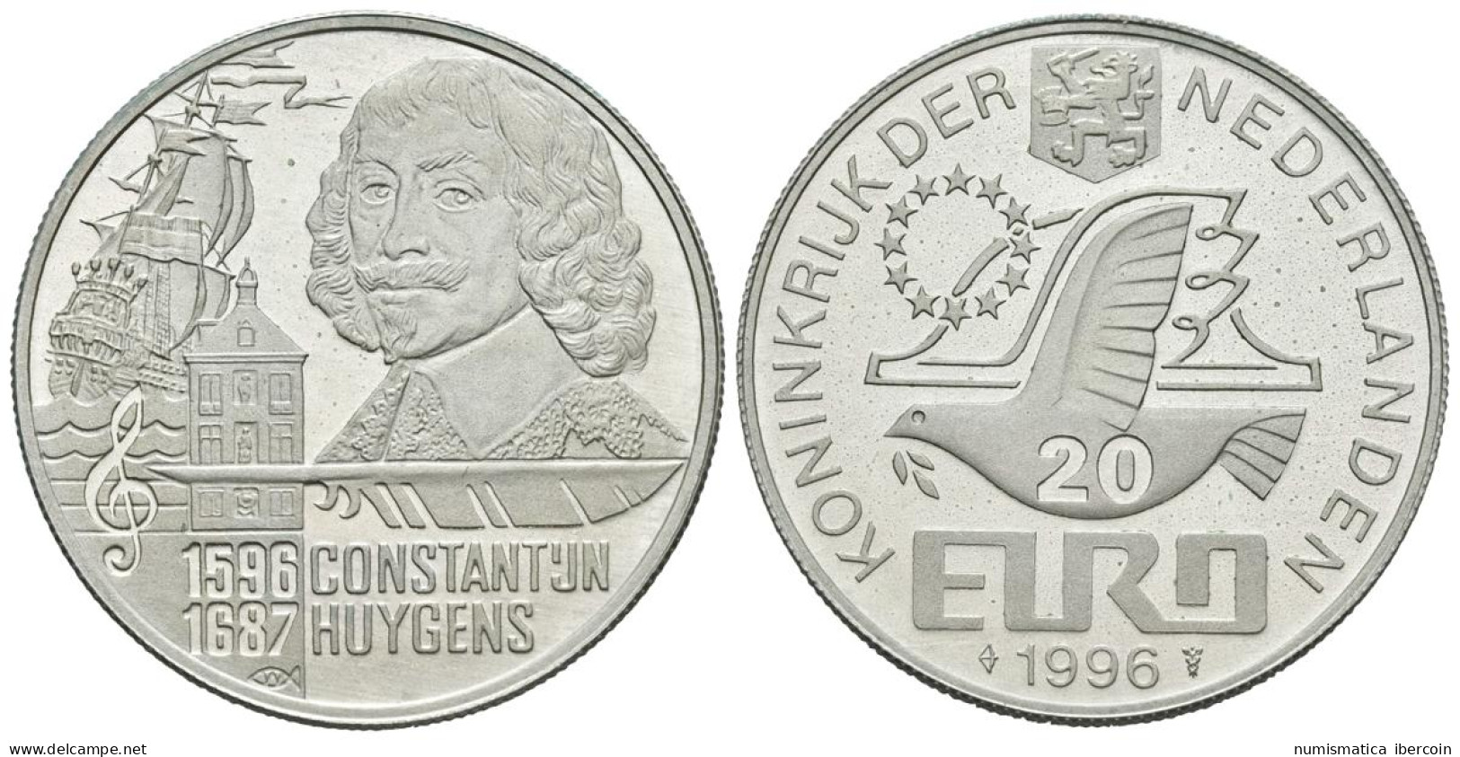 HOLANDA. 20 Euro. 1996. CONSTANTIJN HUYGENS. Ar. 14,99g. PROOF. - Otros & Sin Clasificación