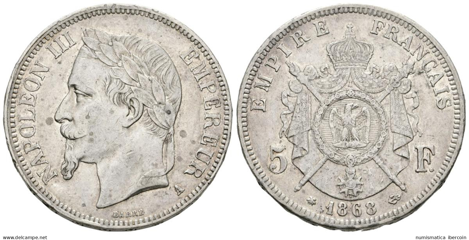 FRANCIA. Napoleón III. 5 Francs. 1868. Paris A. Km#799.1. Ar. 24,88g. MBC. - Sonstige & Ohne Zuordnung