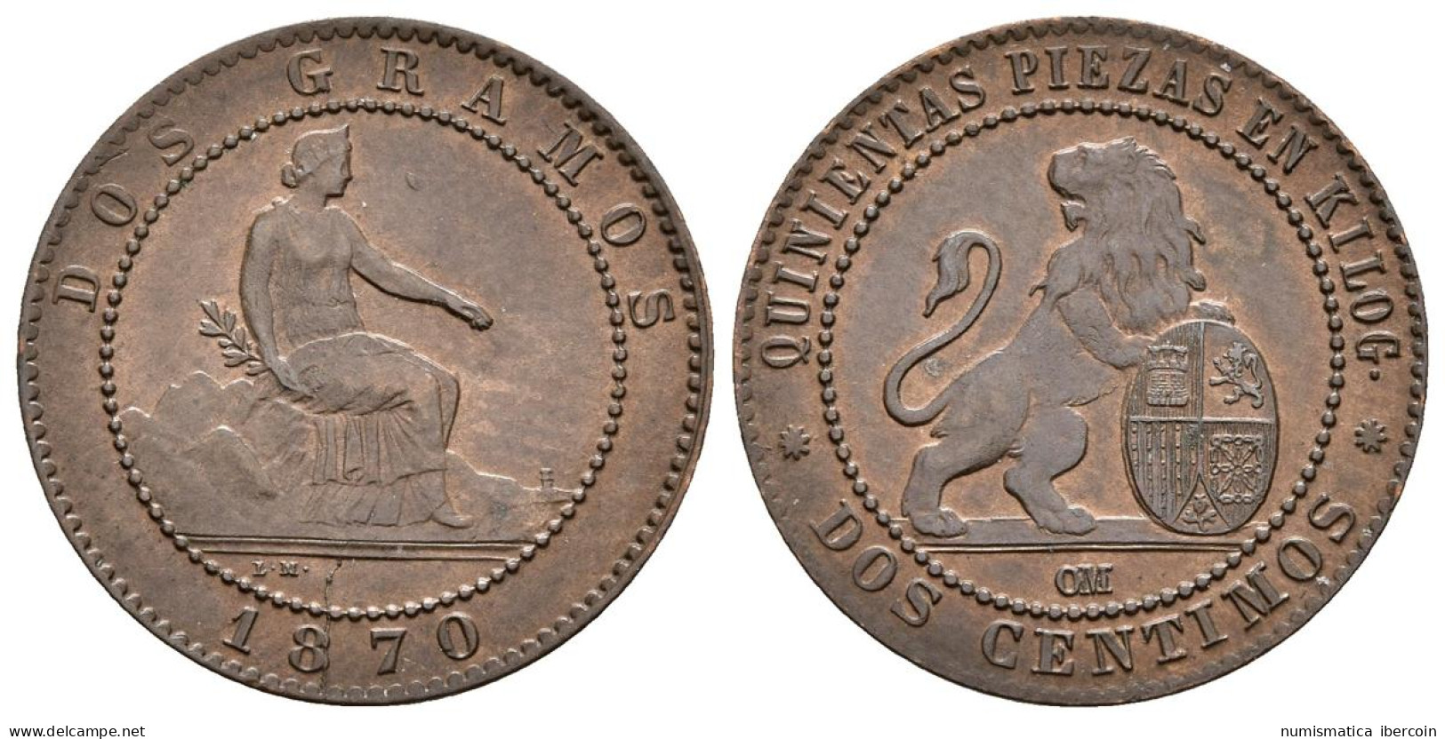 GOBIERNO PROVISIONAL. 2 Céntimos. 1870. Barcelona OM. Cal-26. Ae. 2,06g. BC+. - Monedas Provinciales