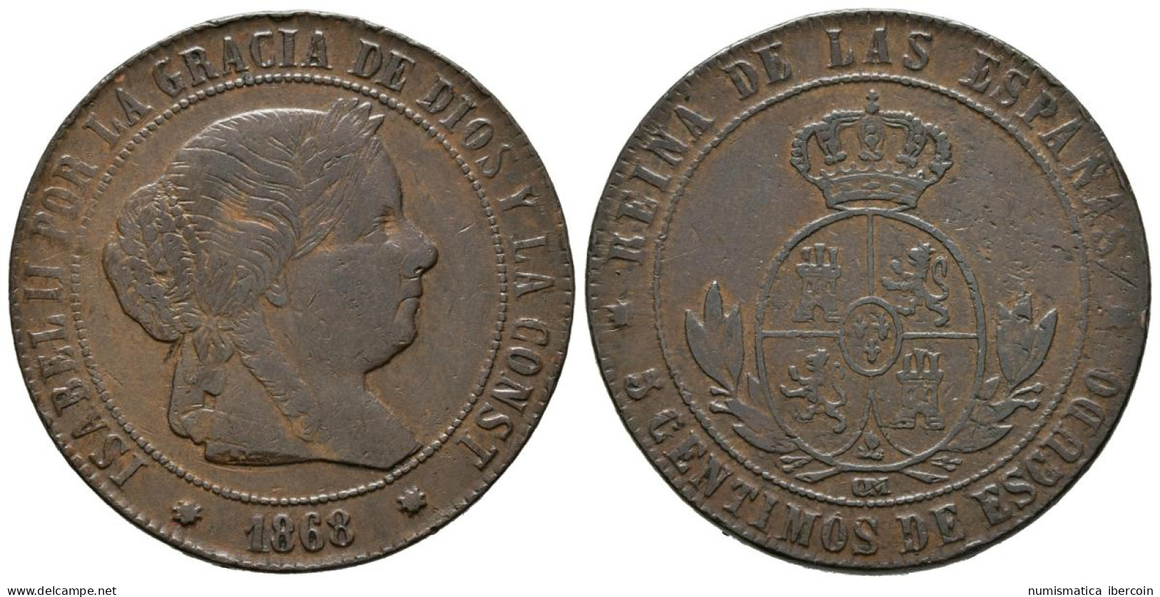 ISABEL II (1833-1868). 5 Céntimos De Escudo. (Cu. 11,07g/32mm). 1868. Barcelona - Monedas Provinciales