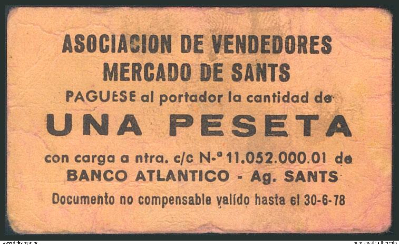 BARCELONA (1978). Vale De 1 Peseta De La Asociación De Vendedores Del Mercado D - Altri & Non Classificati