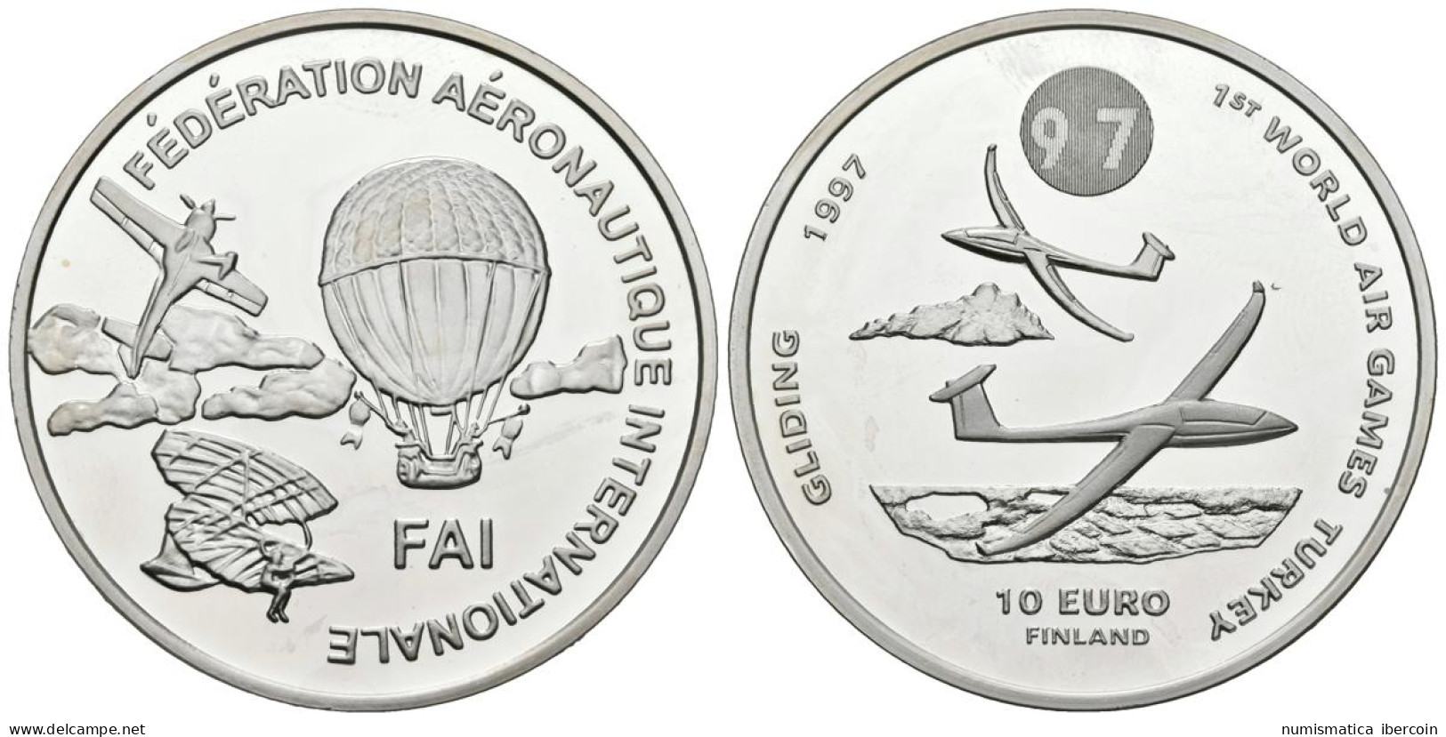 FINLANDIA. 10 Euro. 1st World Air Games Turkey. Gliding. 1997. (Ar. 27,70g/38,5 - Andere & Zonder Classificatie