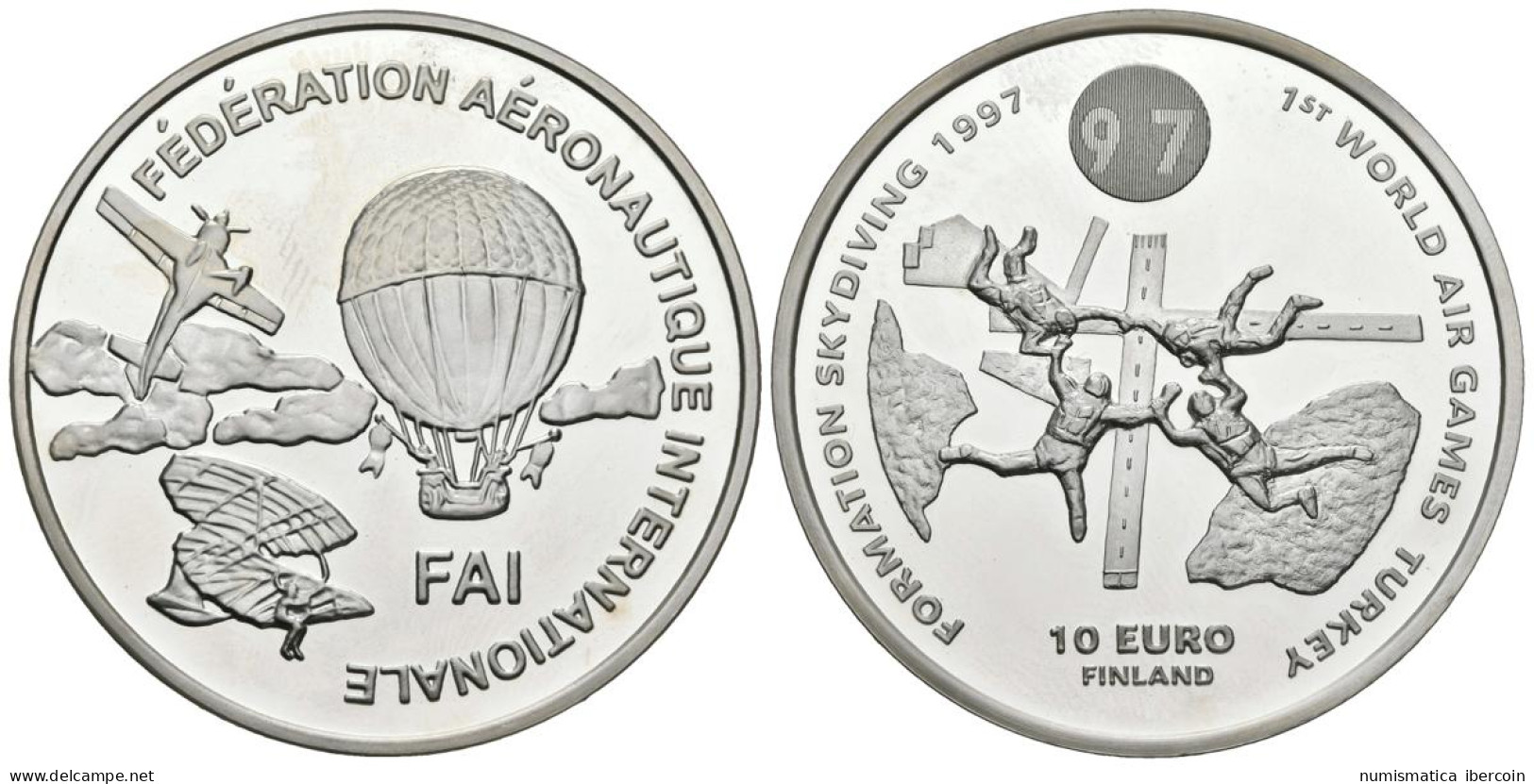 FINLANDIA. 10 Euro. 1st World Air Games Turkey.Formation Skydiving. 1997. (Ar.  - Autres & Non Classés