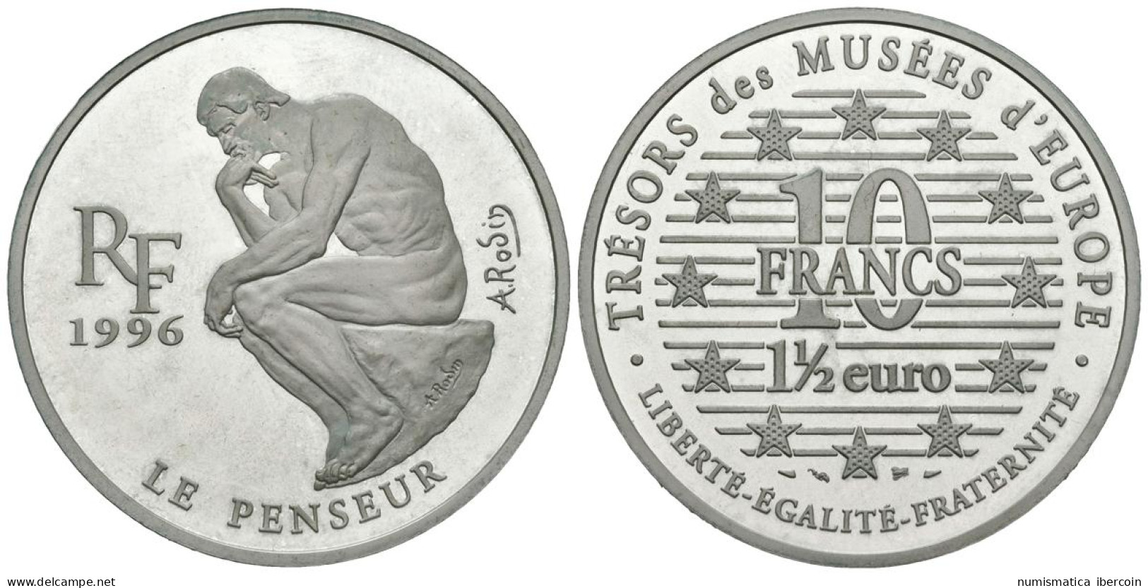 FRANCIA. 100 Francs. 15 Euro. Le Penseur. Rodin. 1996. (Ar. 22,21g/37,00mm). Pr - Otros & Sin Clasificación