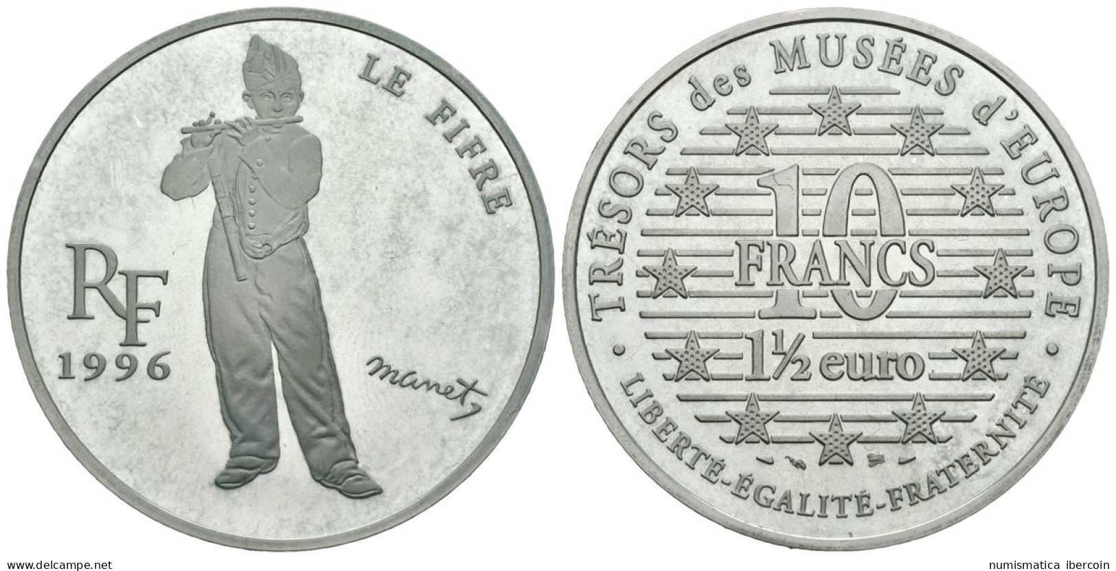 FRANCIA. 100 Francs. 15 Euro. Le Fifre. Manet. 1996. (Ar. 22,14g/37,00mm). Proo - Otros & Sin Clasificación