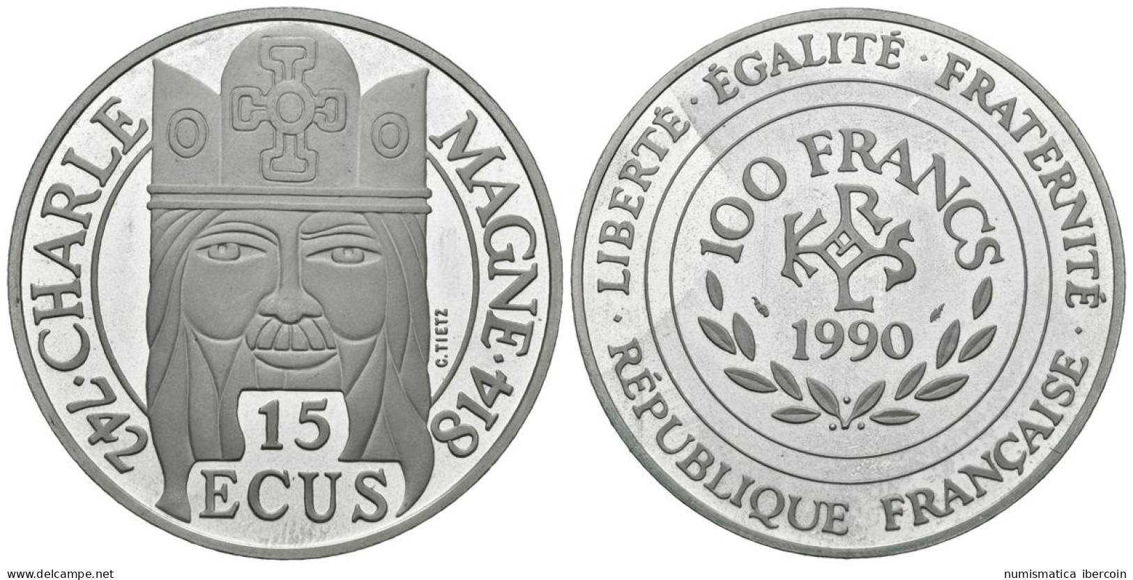 FRANCIA. 100 Francs. 15 Ecus. Charle Magne 742-814. 1990. (Ar. 22,30g/37,00mm). - Andere & Zonder Classificatie