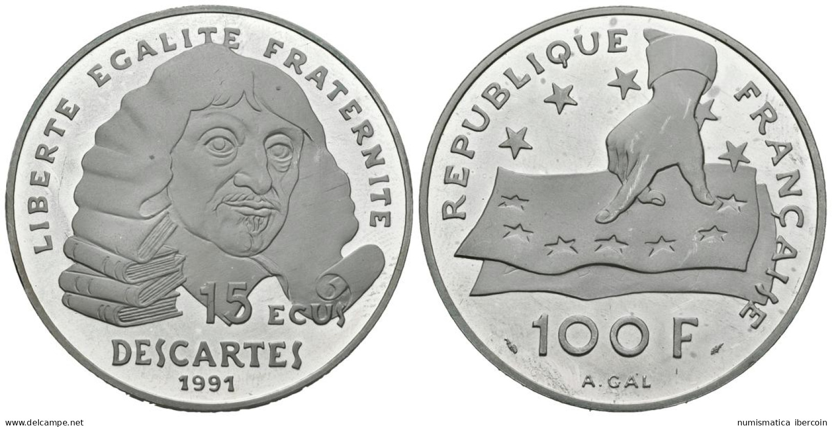 FRANCIA. 100 Francs. 15 Ecus. René Descartes. 1991. (Ar. 22,34g/37,00mm). Proof - Andere & Zonder Classificatie