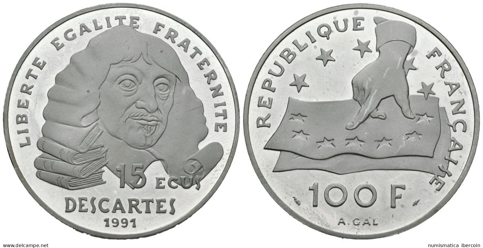FRANCIA. 100 Francs. 15 Ecus. René Descartes. 1991. (Ar. 22,34g/37,00mm). Proof - Otros & Sin Clasificación