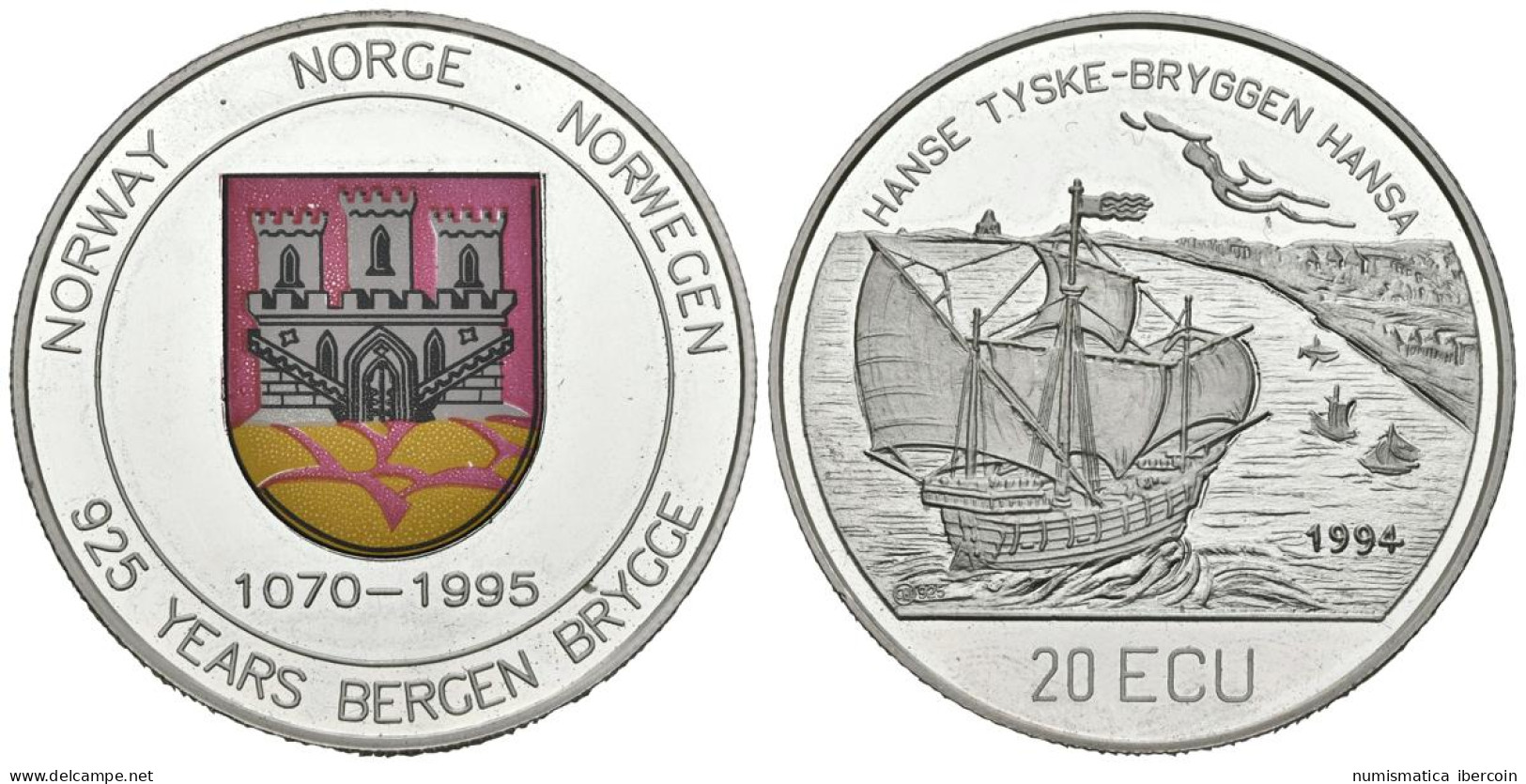 NORUEGA. 20 Ecu. 925 Aniversario Bergen Bryce  1995. (Ar. 24,99g/38,3mm). Proof - Sonstige & Ohne Zuordnung