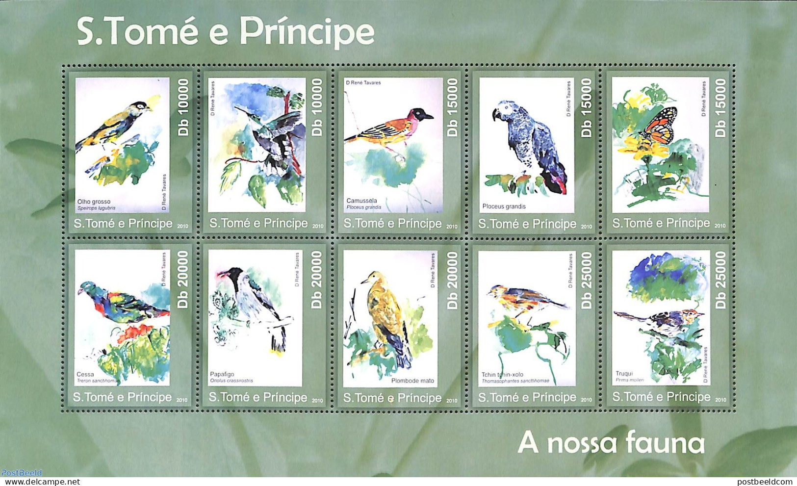 Sao Tome/Principe 2010 Birds And Butterflies 10v M/s, Mint NH, Nature - Birds - Butterflies - Parrots - Sao Tome And Principe
