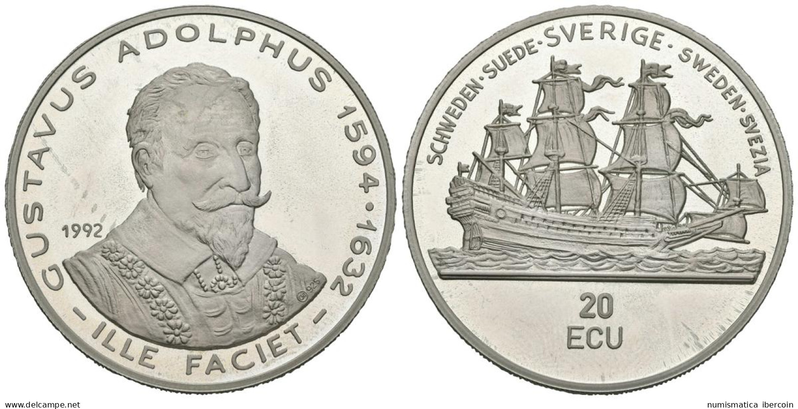 SUECIA. 20 Ecu. Gustavus Adolphus 1594-1632. 1992. (Ar. 24,99g/38,5mm). Proof. - Altri & Non Classificati