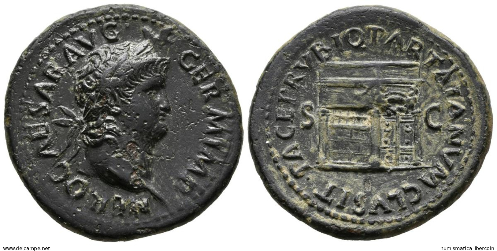 NERON. As. (Ae. 14,41g/31mm). 66 D.C. Roma. Anv: NERO CAESAR AVG GERM IMP. Bust - La Dinastía Julio-Claudia (-27 / 69)