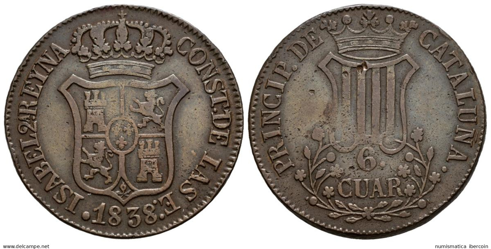 ISABEL II (1833-1868). 6 Cuartos. (Ae. 14,06g/32mm). 1838. Barcelona. (Cal-2019 - Monedas Provinciales