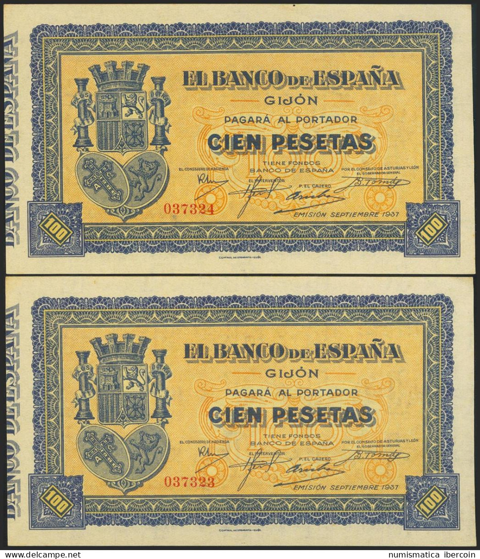 100 Pesetas. Septiembre 1937. Pareja Correlativa. Sucursal De Gijón. Sin Serie. - Other & Unclassified